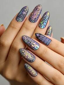 1张5D玻璃碎片美甲贴纸，自粘式彩色玻璃窗格设计美甲贴花，全息优雅几何花框滑动贴纸，适用于女性、女孩、家居和美甲沙龙DIY美甲贴纸 - 彩色的 - 查看 12