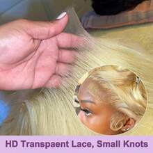 Peluca de encaje frontal liso de cabello humano mezclado 13x4 HD con encaje transparente, color rubio #613, peluca de encaje frontal sin pegamento de cabello virgen brasileño con densidad del 200% y cabello de bebé, línea del cabello previamente desbastada - S613 - Ver 7