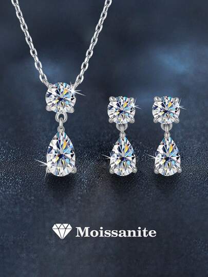 Juego de 3 piezas de aretes y collar de plata esterlina 925 de lujo con moissanita de 2.9ct, adecuado para uso diario, fiestas, Día de la Madre, regalos de aniversario de bodas para mujeres