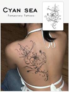 Washable, Waterproof, Sweatproof, Non-Reflective Temporary Tattoo Sticker, 1 Sheet, Y2K Back, Sexy Ink-Wash Butterfly, Lily, Vine, Vibrant Tattoo, Fashionable And Cool, Suitable For People, Daily Use, Lasts 3-5 Days.,Spine Tattoo,Sketch Style - Black - View 1