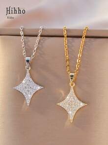 Hihho 1pc Sparkling Full Rhinestone Four-Pointed Star Pendant, Niche Elegant Clavicle Chain Accessory, Available In Gold And Silver Colors - Four-pointed Star - View 2