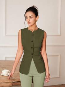 Áo vest không tay ôm sát, thanh lịch, quyến rũ, phong cách cổ điển dành cho nữ, áo croptop công sở thường ngày, thích hợp cho mùa xuân/hè. - Màu xanh lá cây đậm - Xem 2