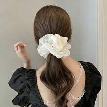 1pc Women's Cream White Fluffy Ruffle Embroidered Hair Scrunchie, Elegant Fairy Style For Date/Daily Wear - Beige - View 1