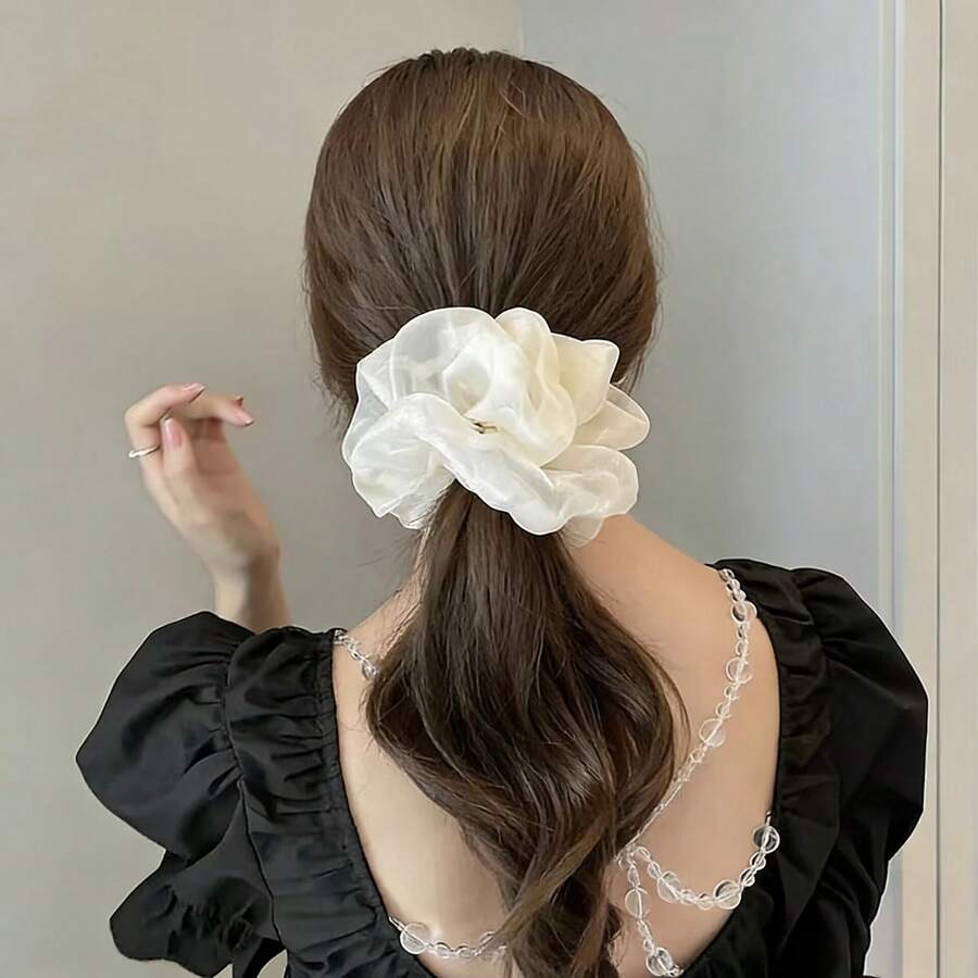 1pc Women's Cream White Fluffy Ruffle Embroidered Hair Scrunchie, Elegant Fairy Style For Date/Daily Wear - Beige - View 1