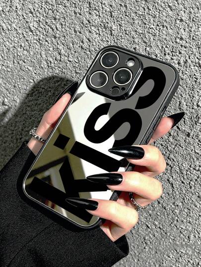 Black "KISS" Letter Mirror Phone Case, Y2K Baddie Aesthetic, Compatible With IPhone 11/17/17pro/13/14/15/15pro/15 Plus/15 Promax/16/16pro/16plus/16promax/7plus/8plus/X/Xs Max/Xr/17Air/12pro/13pro/14pro/17Promax/13mini/11promax/12promax/13promax/14promax/14plus/6/6s/6plus/7/8/Se/17proMax, Shockproof, Waterproof, Anti-Fall, Anti-Scratch