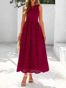 Women Casual Sleeveless Crewneck Lace Eyelet A-Line Flowy Tank Maxi Dress With Pockets Boho Bohemian Summer Spring Holiday Vacation Beach Outfits - 酒紅色 - 查看 3