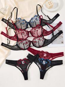 3套/6件套女士性感内衣套装，黑红、黑蓝、酒红配色，舒适日常穿着，性感文胸内裤，圣诞节和万圣节派对礼物 - 酒紅色 - 查看 1