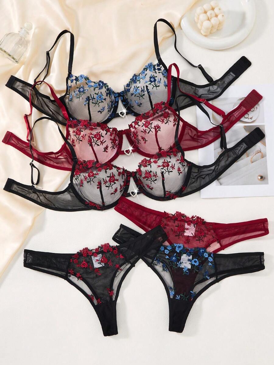 3套/6件套女士性感内衣套装，黑红、黑蓝、酒红配色，舒适日常穿着，性感文胸内裤，圣诞节和万圣节派对礼物 - 酒紅色 - 查看 1