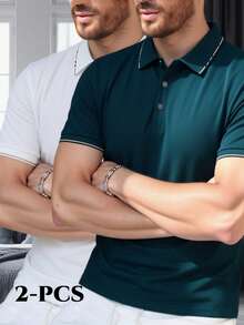2件/套 男士夏季撞色翻领Polo衫，透气舒适短袖休闲商务Polo衫 - 彩色 - 查看 2