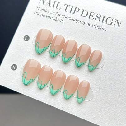 10 Pieces Of Purely Handmade Press-On Nail Tips, Short Almond-Shaped Nail Type With Fake Nails, Featuring A Fashionable, Simple, And Personalized Style. It Has Hand-Painted Green French Tips Paired With Irregular Green Line Patterns, Representing A High-End Finished Product Of Nail Art Fake Nail Tips, Suitable For Daily Wear By Ladies And Girls, And Comes With A Nail Set.