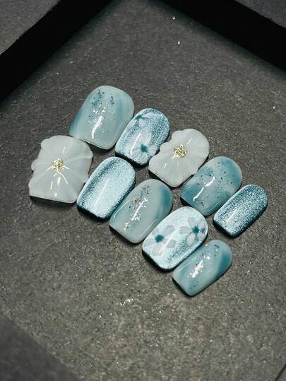 1package/10pcs-Icy Blue Sakura 3D Flower Press On Nails | Glitter Shimmer | Summer Cute Korean Style False Nails