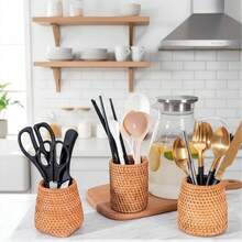 1 Bamboo Utensil Holder, Pen Holder, Makeup Brush Holder, Tea Set Organizer - Apricot - View 1