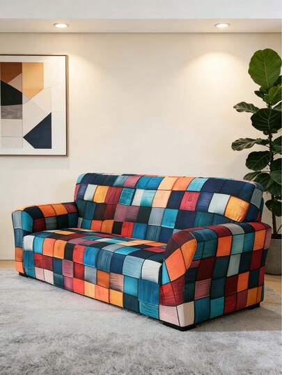 Fashionable Home 3D Color Grid Watercolor Art Elastic Sofa Cover, Fully Digital Printed To Create A Romantic And Vibrant Space, Soft And Comfortable Fabric, Furniture Protective Cover, Perfect Gift For Easter, Mother's Day, Father's Day, Graduation Season, Universal In All Seasons