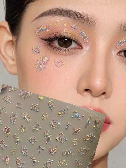 1 Stück traumhafter Quallen-Gesichts-Aufkleber mit Sternen, Make-up Highlight super auffallend girly Sterne Gesichts-Aufkleber, perfekt für Fotos mit atmosphärischer Wirkung, Farbverlauf Regenbogen Quallen Aufkleber, geeignet für Bühne und täglichen Gebrauch als Gesichts-Dekor Aufkleber.