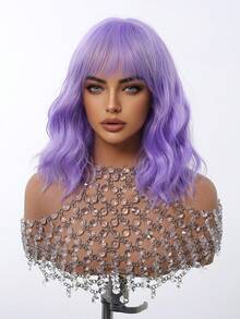 FIVE STARS Purple 14 Inch Short Curly Bob Wigs With Bangs For Women,Heat-Resistant Synthetic Fiber Hair,Wigs For Daily Party Cosplay Wear Music Festival - 紫色 - 查看 6
