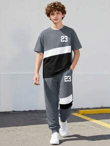 Bộ đồ thể thao ngắn tay và quần jogger cho tuổi teen mùa xuân/hè, phối màu đen trắng xám, in số 23, trang phục thường ngày thoải mái, năng động, phù hợp cho đi học, đi làm và các dịp giao lưu nhẹ nhàng. - Xám - Xem 5