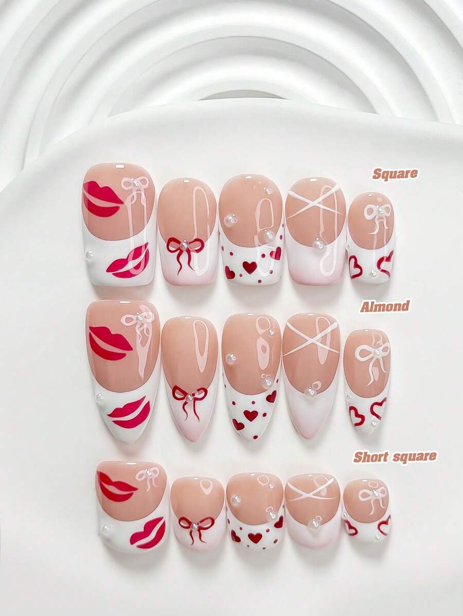 10件套时尚手工美甲套装,包含凝胶指甲油套装、红色唇贴、红色爱心贴、白色珍珠美甲装饰、手绘粉色蝴蝶结、红色蝴蝶结、白色条纹、粉色条纹、红色爱心美甲装饰、白色指甲油,以及美甲工具(1个果冻贴+1个指甲锉)。适用于方形、短方形和杏仁形指甲,适合派对、日常佩戴、聚会、拍照、春夏通勤等场合。 - 彩色 - 查看 1