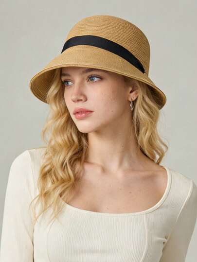 1顶女士草帽，波西米亚风草帽，春夏防晒，前长后短，可折叠，沙滩度假，系带遮阳帽，时尚户外草帽，适合日常户外活动