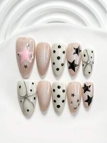 10pcs Silver Polka Dot Glitter Manicure Set, Including Gel Nail Kit, Black Polka Dots, Pink Stars, Black Stars, Silver Stars Nail Decorations, White Nail Polish, Dark Silver Nail Polish, With Manicure Tools (1 Jelly Sticker + 1 Nail File), Suitable For Square, Short Square, Almond Nails, Suitable For Daily, Party, Spring/Summer, Work, Party, Photo Shoot, Etc. - 彩色 - 查看 11