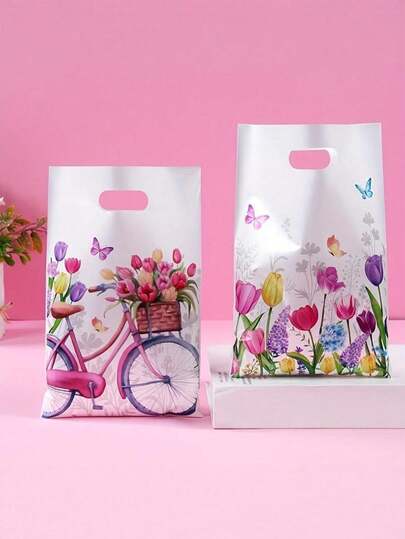 25pcs/10pcs Spring Floral Pattern Gift Bags - Suitable For Weddings, Bridal Showers, Birthdays And Other Occasions. Reusable Floral Paper Bags For Candies, Small Gifts, Tulip Themed Decorations