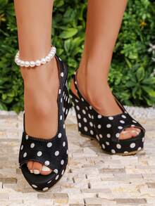 Giày sandal đế xuồng chấm bi đen cho nữ, sandal cao gót hở mũi gợi cảm có quai ngang mắt cá chân, phù hợp cho trang phục thường ngày, kỳ nghỉ, đi biển, dự tiệc, và những dịp thanh lịch. - màu đen - Xem 5