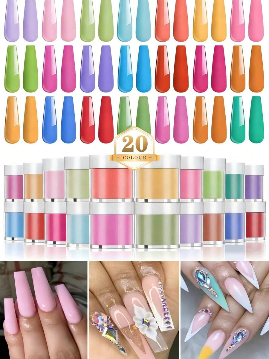 20色DIY美甲雕塑粉，丙烯酸粉无需浸泡即可雕刻美甲延长三合一美甲水晶粉美甲彩绘用品，沙龙UV美甲套装，10克瓶装