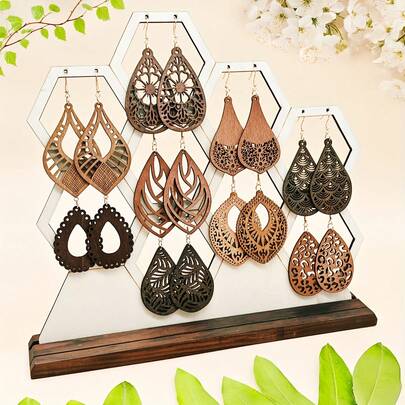 9pcs/Set Hollow Carved Teardrop Wooden Earrings, Minimalist Bohemian Vintage Style, Delicate Gift For Women