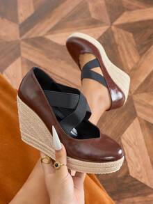 Women's Platform Wedge Shoes, Retro Brown Round Toe Jute Wedge High Heels, Elastic Strap Slip-On Pumps - Brown - View 3