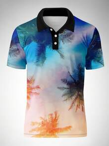 男士休闲棕榈树印花短袖Polo衫，夏季 - 彩色 - 查看 2