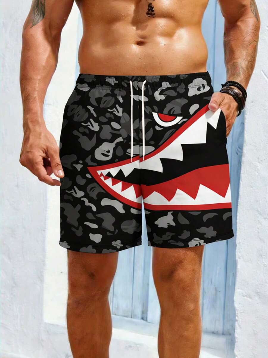 Men's Casual Vacation Shorts With Vibrant Red And Black Geometric 3D Print Design, Featuring A Relaxed Regular Fit, Suitable For Beach, Pool, Gym And Outdoor Activities - Multicolor - View 1