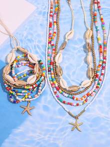 1 Set Fashionable Bohemian Style Holiday Shell Beaded Woven Necklace & Bracelet, Paired With Starfish Pendant And Polymer Clay Bead Combination Jewelry, Suitable For Women's Daily Wear - Multicolor - View 4