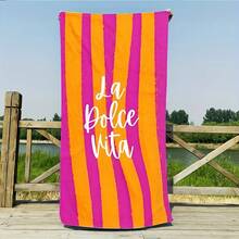 1条沙滩巾 - 亮粉色和橙色条纹，“甜蜜生活”印花，适合旅行、露营、游泳池、海滩等场合。 - 1pcs - 查看 5