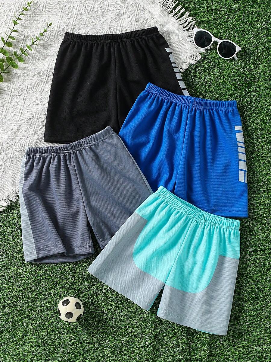 4 piezas Pantalones cortos deportivos para niños, pantalones cortos ligeros para correr al aire libre con malla estampada, adecuados para edades de 4 a 12 años - Multicolor - Ver 1