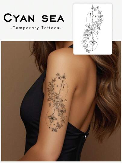 Washable, Waterproof, Sweatproof, Non-Reflective Temporary Tattoo Stickers, 1 Sheet, PVC, Romantic Floral And Butterfly Tattoo, Fashionable And Cool, Suitable For People, Daily Use, Lasts 3-5 Days.