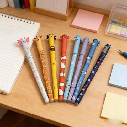 8支卡通动物系列可擦笔，多种颜色，大容量墨水，书写流畅，适用于日常办公、课堂、会计、绘画、涂色和一般用途，可作为节日礼物和返校文具。