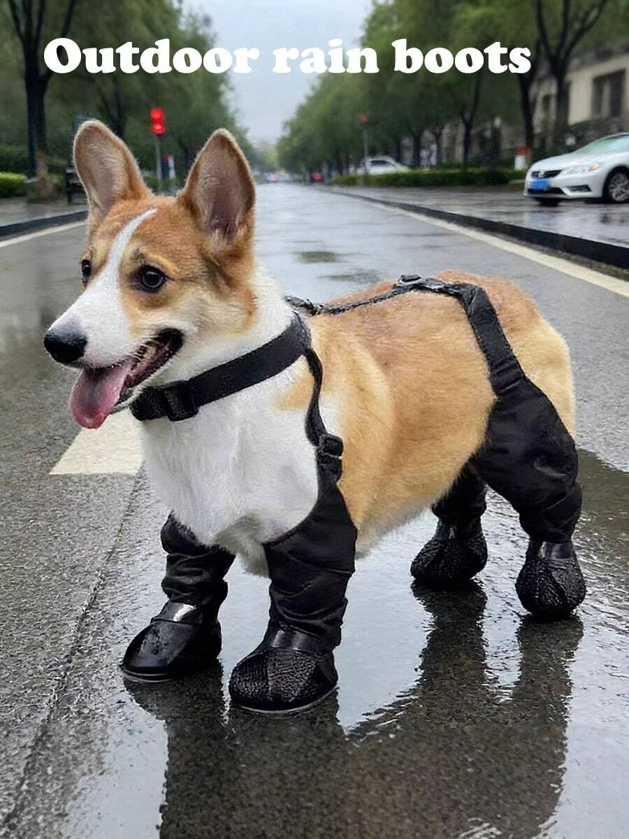 Adjustable Pet Dog Shoes, Waterproof Anti-Slip Durable Dog Rain Boots - Black - View 1