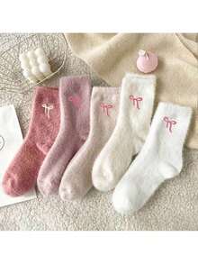 5 Pairs Women's Plush Bow Mid-Calf Socks, Warm Thick Sleeping Socks, Pink Set - Multicolor - View 15