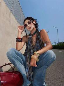 Y2K 动物纹网纱扭结金属环露背短款上衣，适合度假和日常穿着，春夏款 - 摩卡棕 - 查看 2