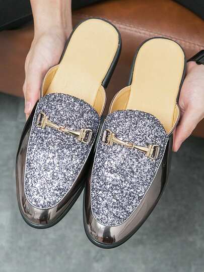 Dép lê đính sequin cho nam, giày lười hở gót thời trang, giày da casual sành điệu phù hợp cho công sở, thợ làm tóc, giới trẻ, thích hợp cho hộp đêm, tiệc tùng, và mặc hàng ngày.