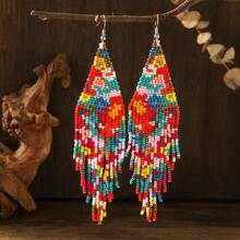 SOUL BEADING Handmade Bohemian Beaded Earrings, Vintage Style, Vacation Style, 16 Floral Patterns, Long Tassel Pendant, Women's Earrings, Tassel Earrings, Handmade Earrings, Suitable For Women's Daily Vacation Wear, Versatile Gift - Red - View 5