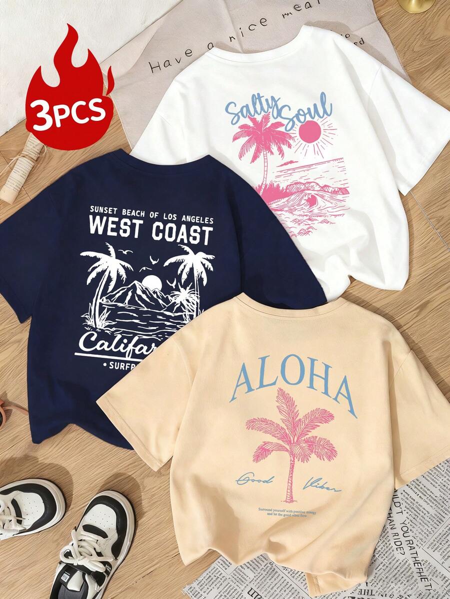 Bộ 3 áo thun ngắn tay cổ tròn in chữ, cây dừa và phong cảnh biển, kiểu dáng đơn giản, nhiều màu sắc, thời trang và đa năng, phù hợp cho nữ mặc thường ngày trong kỳ nghỉ xuân.