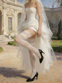 1双白色蕾丝过膝长袜，性感新娘婚礼袜，纯透明防滑高弹显瘦长筒袜，适合休闲、户外、舞蹈、派对、日常穿着 - 白色 - 查看 2