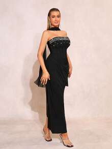 New Sparkling Diamond Decor Sexy Strapless Ruffle Mesh Design Halter Slit Bandage Dress, Elegant Women's Formal Evening Gown For Wedding, Party, Holiday - Black - View 4