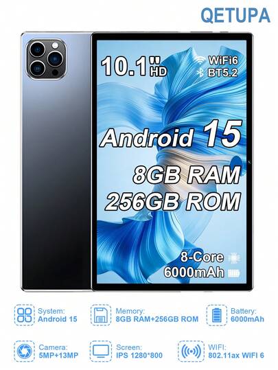 Qetupa 10.1英寸平板电脑，Android 15操作系统，MTK6771八核2.0GHz处理器，8GB内存+256GB存储空间（可扩展至1TB），高清(1280x800) IPS触控屏，500万像素前置摄像头和1300万像素后置摄像头，6000mAh电池，支持802.11ax Wi-Fi 6、蓝牙5.2、GPS，Type-C接口，无SIM卡槽，适合阅读和学习