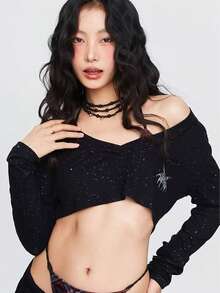 Deep V-Neck Sparkly Short Dance Top, Black, Long Sleeve, Sexy Streetwear - Black - View 5