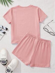 Girls 2 Piece Summer Outfit Cherry Bow Graphic Tee & Shorts Set Cute Casual Outfits - Pink - View 2