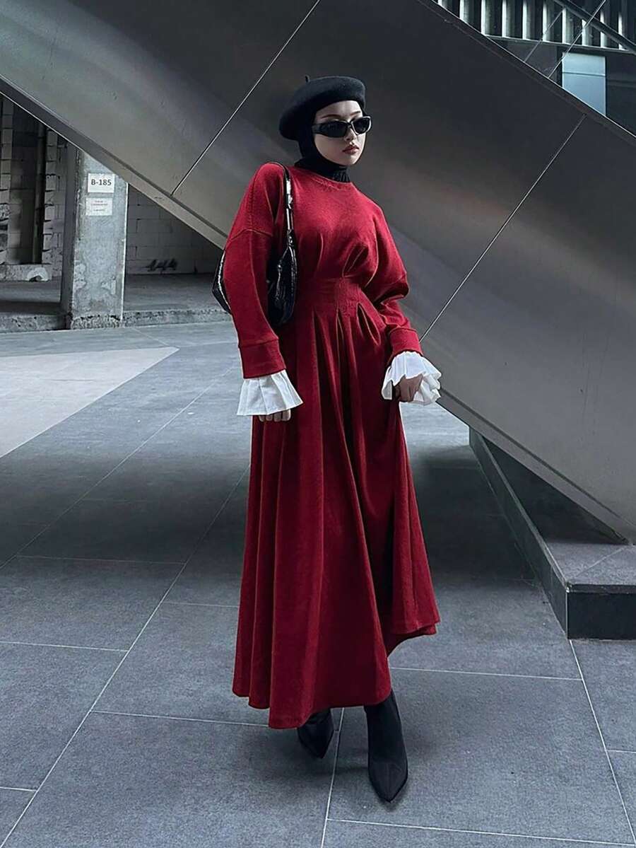 1pc Ruffle Cuff Knit Dress, Suitable For Daily Gatherings, Dates, Commuting, Autumn/Winter Spring - Red - View 1