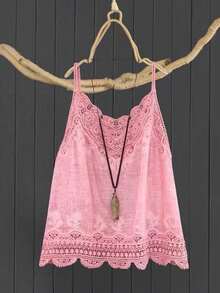 女士复古休闲宽松纯色镂空刺绣蕾丝拼接吊带背心粉色夏季 - 粉色 - 查看 2