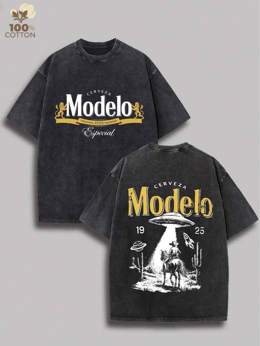 Modelo Beer-Inspired Retro Washed T-Shirt, A Casual Summer Men's T-Shirt With A Y2K-Style Western Cowboy UFO Print. Suitable For Everyday Wear, Outdoor Activities, Sports, Holidays, And Parties, And A Top Choice For Gifting. - màu đen - Xem 1