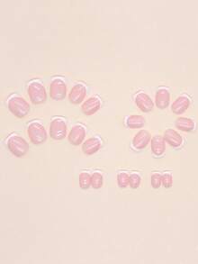 24pcs Short Square French Manicure Nail Stickers, Nude, Pink, White Design, Full Coverage Adhesive Nail Wraps, Reusable, Includes 1 Tape And 1 Nail File, Manicure Set - Pink - View 3